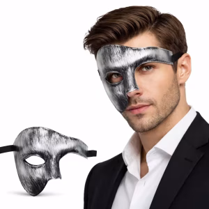 Antik Eskitme Gümüş Erkek Yarım Maske - Phantom & Balo Maskesi