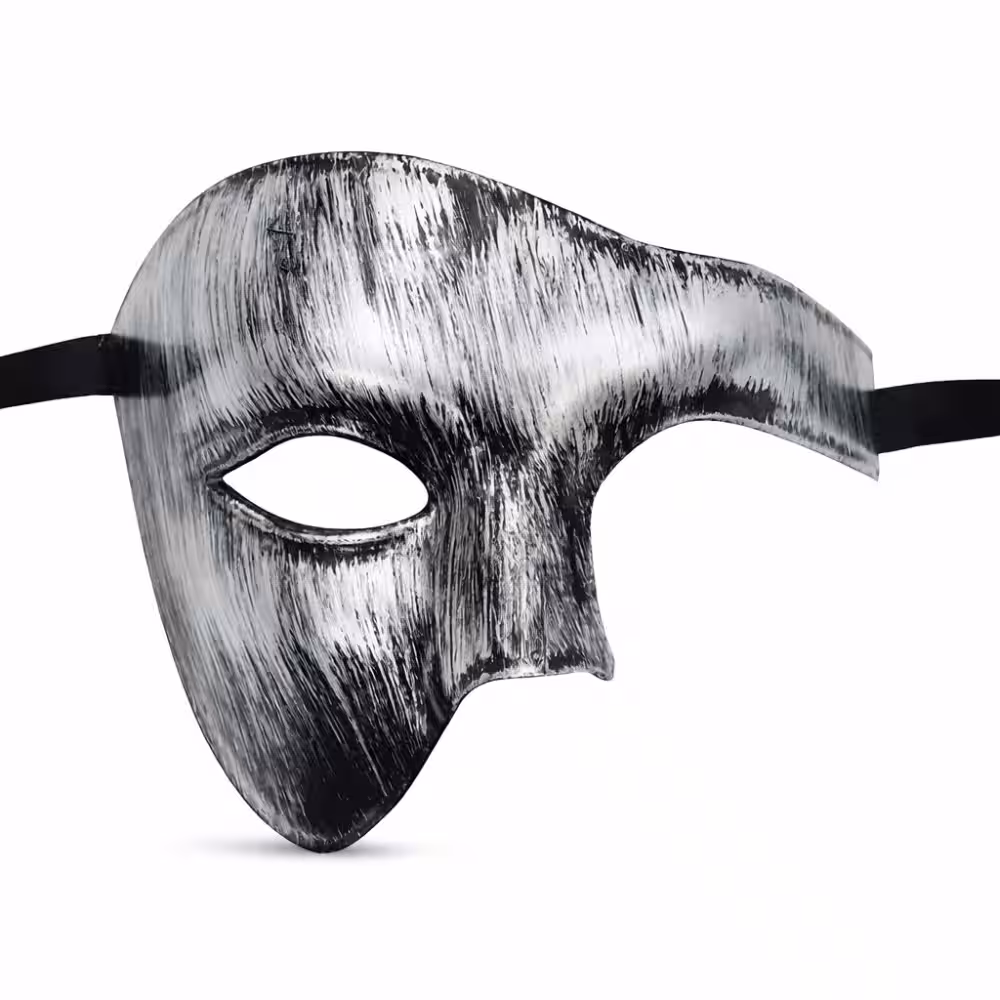 Antik Eskitme Gümüş Erkek Yarım Maske - Phantom & Balo Maskesi