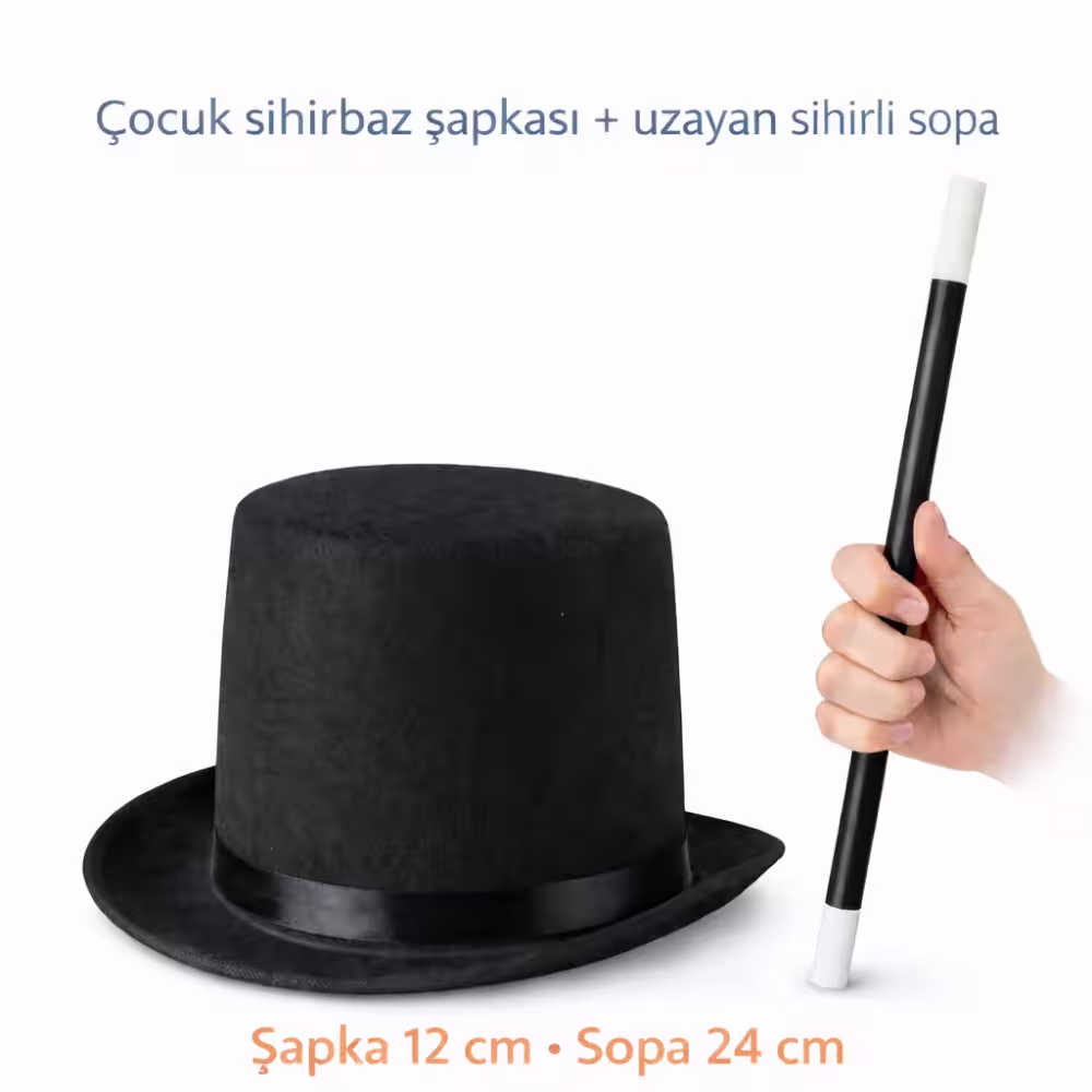 Çocuk Sihirbaz Şapkası ve Uzayan Yaylı Sihirli Sopa Seti