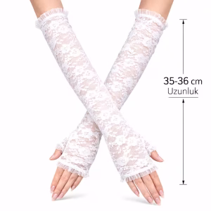 Uzun Zarif Dantel Eldiven Parmaksız Beyaz 35 cm