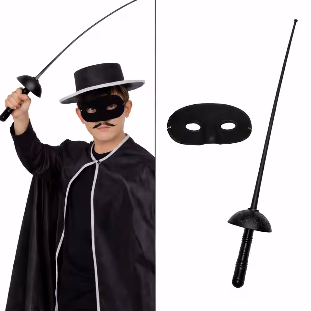 Zorro Kostüm Plastik Aksesuar Seti – Maske ve Kılıç (67 cm)