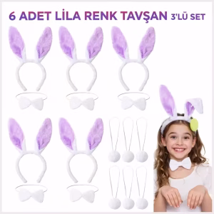 Lila Tavşan Sahne Seti 6'lı Set Taç Papyon Kuyruk