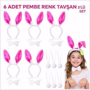 Şeker Pembesi Tavşan Sahne Seti 6'lı Set Taç Papyon Kuyruk