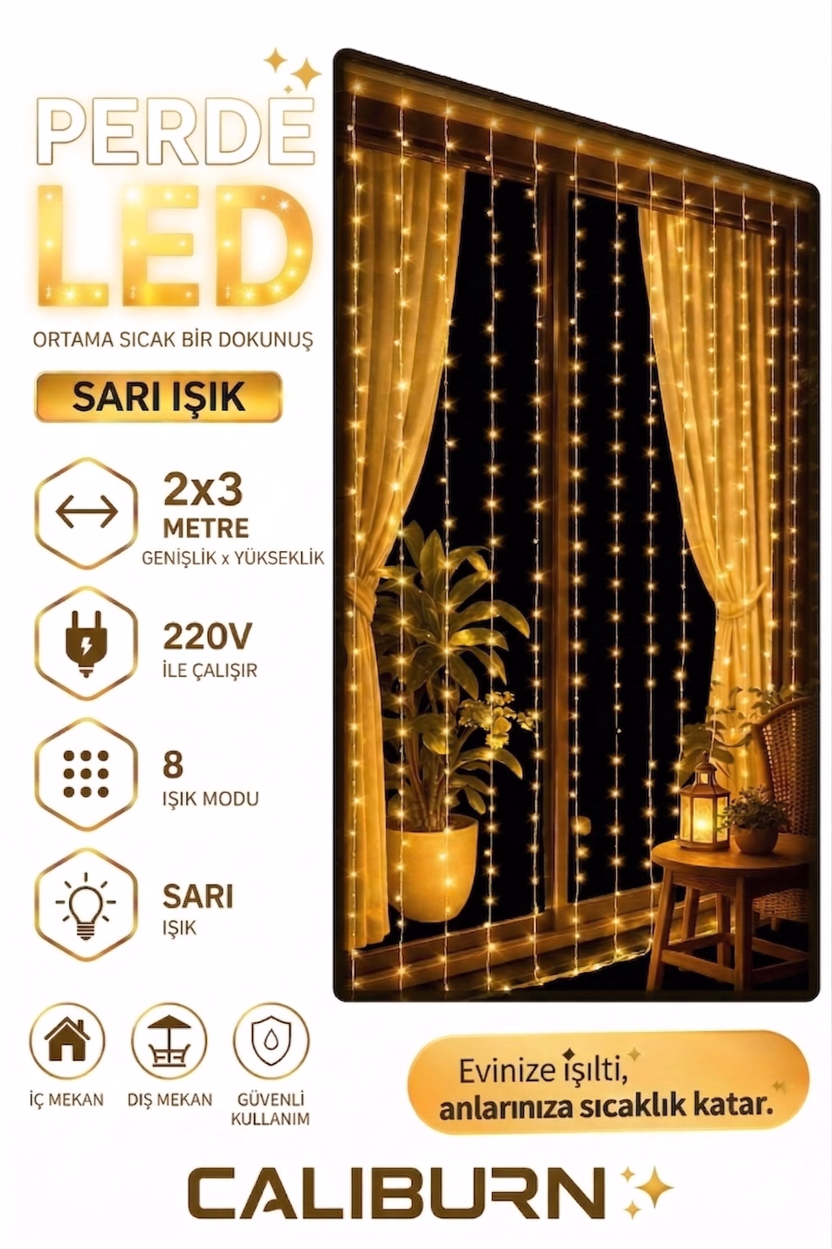 3x2m Premium Perde LED - 8 Fonksiyonlu, Su Geçirmez İç Dış Mekan Teras Dekor Işıkları