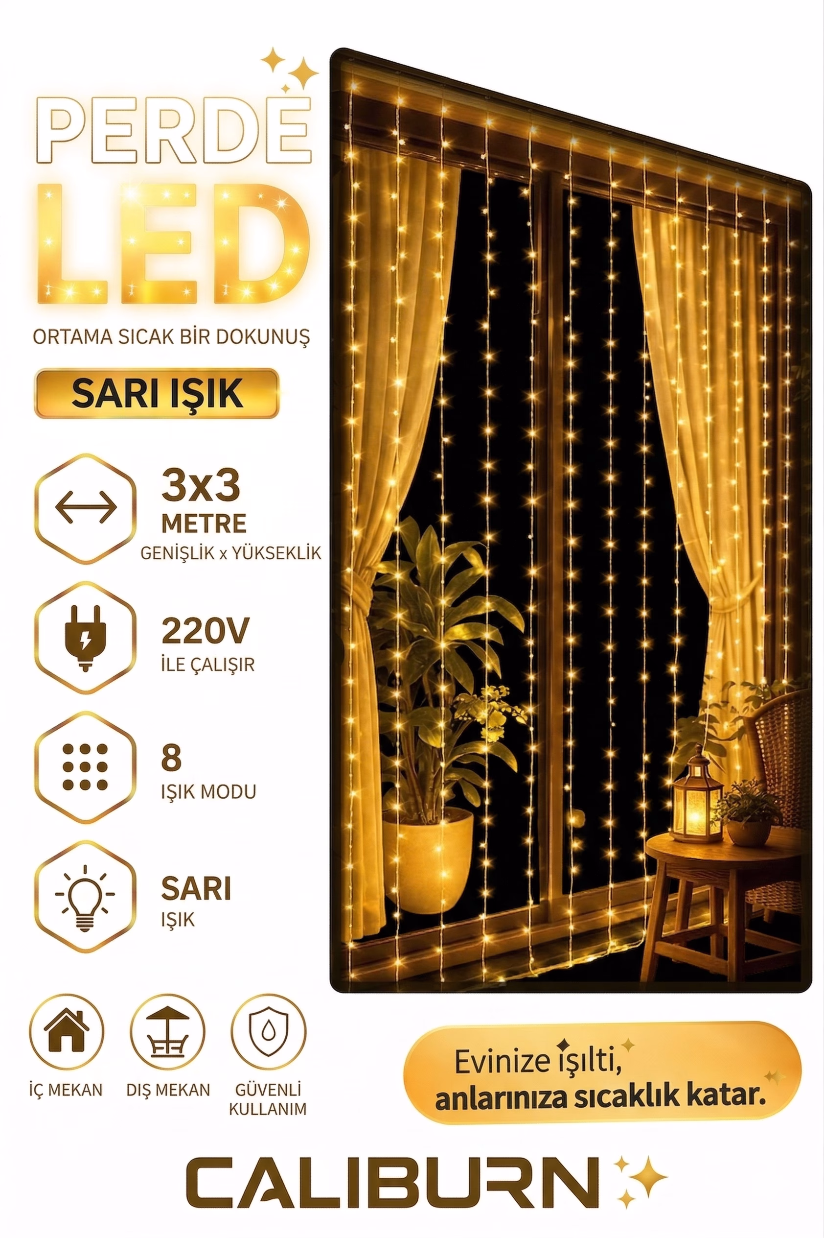 3x3m Premium Perde LED - 8 Fonksiyonlu, Su Geçirmez İç Dış Mekan Teras Dekor Işıkları