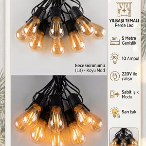5 Metre Sabit Yanan Modlu 10 Ampul Parti Organizasyon Iç & Dış Mekan 2700K LED Aydınlatma Uzatma Fişli