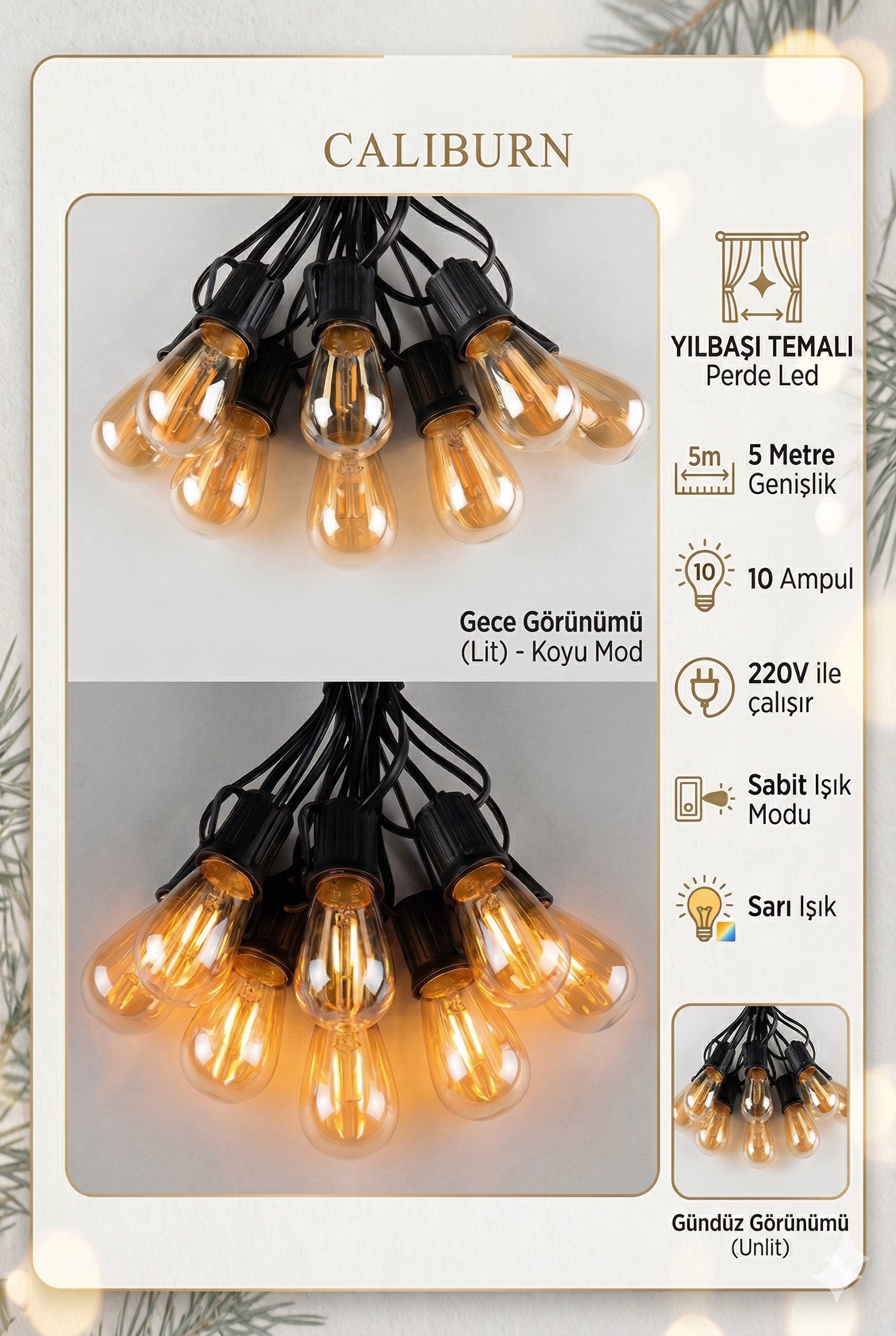 5 Metre Sabit Yanan Modlu 10 Ampul Parti Organizasyon Iç & Dış Mekan 2700K LED Aydınlatma Uzatma Fişli