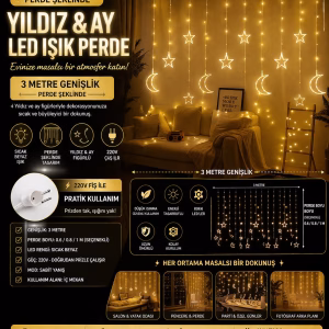 3 Metre Perde LED Işık Zinciri - Yıldız ve Ay Figürlü, Sarı Işık, Uç Uca Eklenebilir