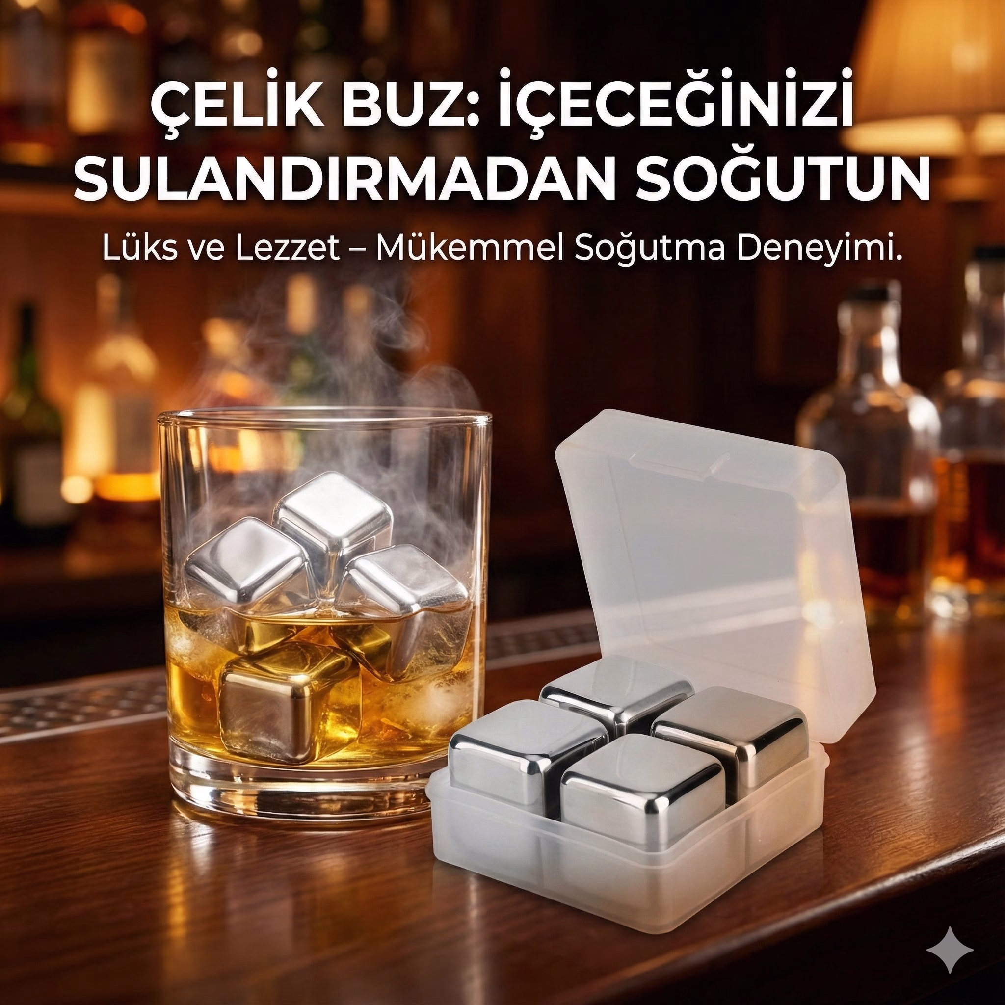 4'lü Çelik Metal Kaplama Viski Taşı Soğutma Buz Küpü
