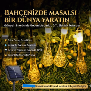 10 Led 2 Metre Sarı Kristal Su Damlası Güneş Enerjili Led Işık Solar Bahçe Ağaç Lamba Aydınlatması