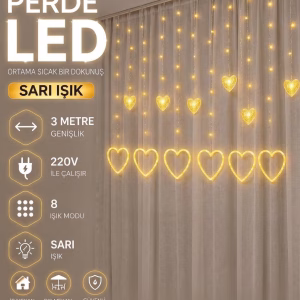3 Metre 8 Modlu Kalp Perde LED Işık - Sarı (Sıcak Beyaz) Işık Dekoratif Işıklandırma Oda Dekoru