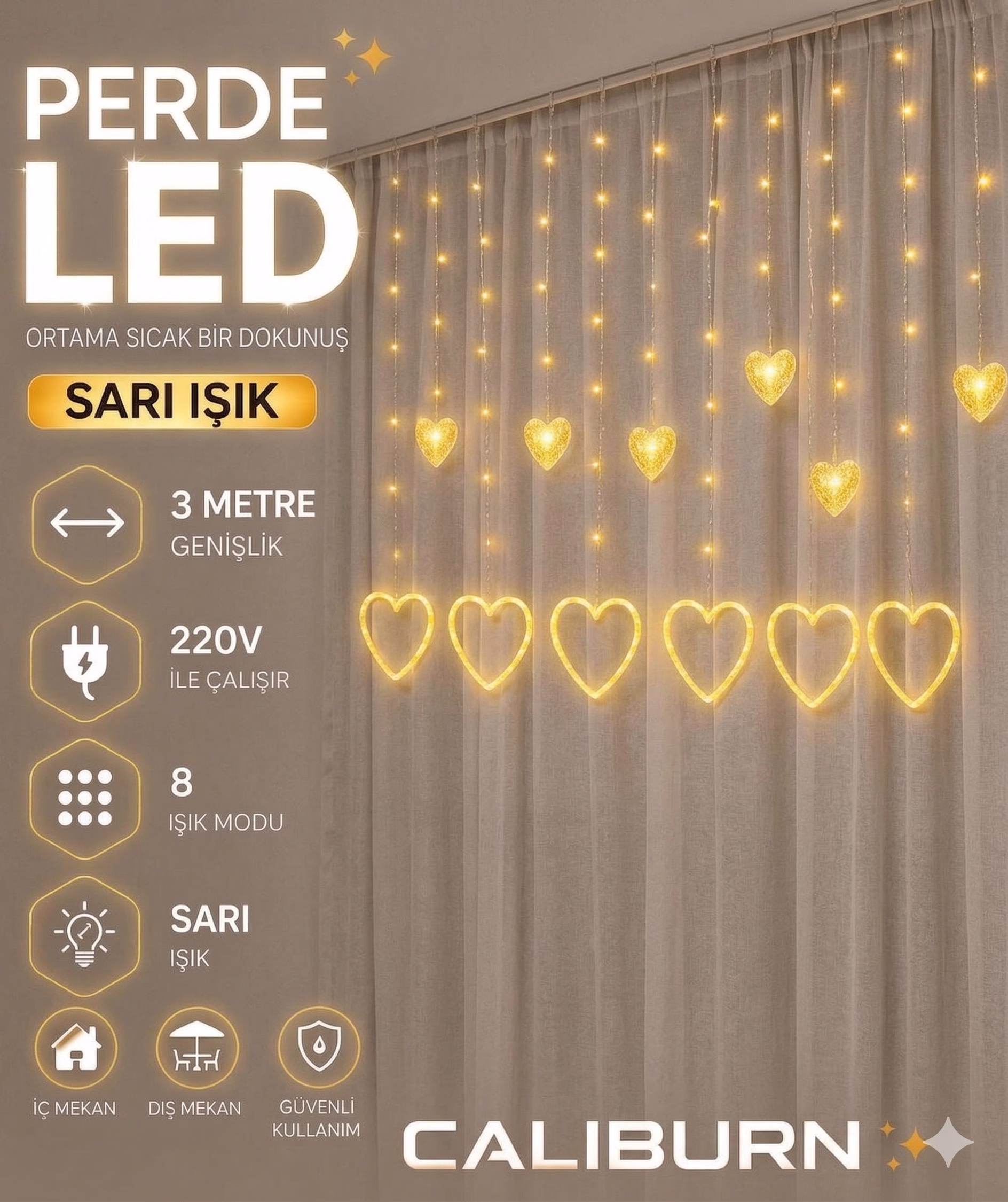 3 Metre 8 Modlu Kalp Perde LED Işık - Sarı (Sıcak Beyaz) Işık Dekoratif Işıklandırma Oda Dekoru