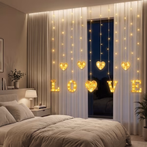 3 Metre Perde Led Işık - 8 Modlu Kalp ve LOVE Figürlü Dekoratif Animasyonlu Led
