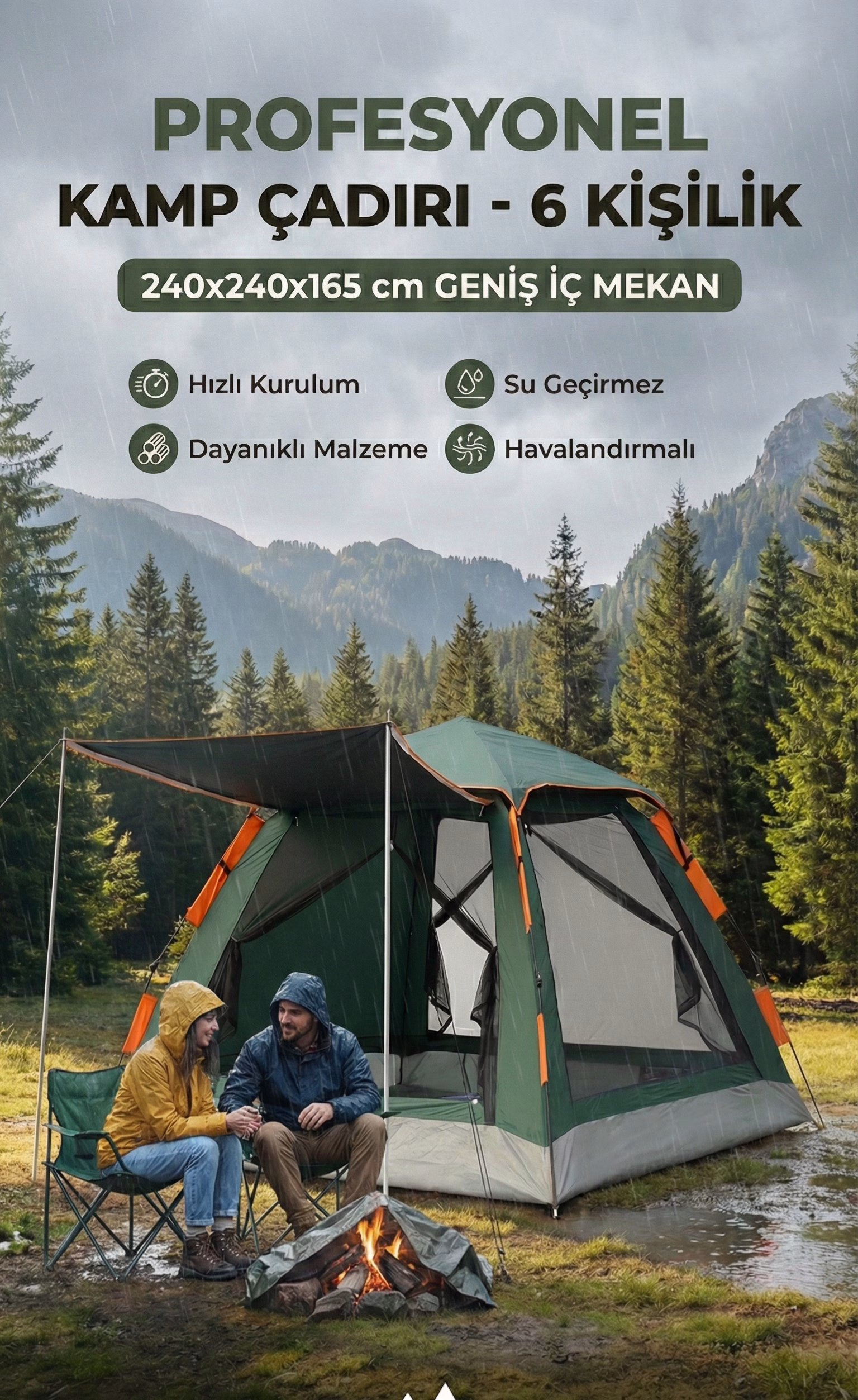 Tam Otomatik Su Ve Rüzgar Geçirmez Gölgelikli Tenteli 6 Kişilik Kamp Çadırı 240*240*155cm