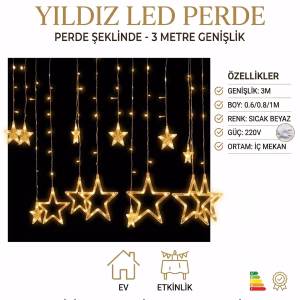 Yıldız Sarkıtlı Perde LED Aydınlatma - 3m Genişlik, 8 Modlu, Günışığı Renk,Ev Süsleme Işığı