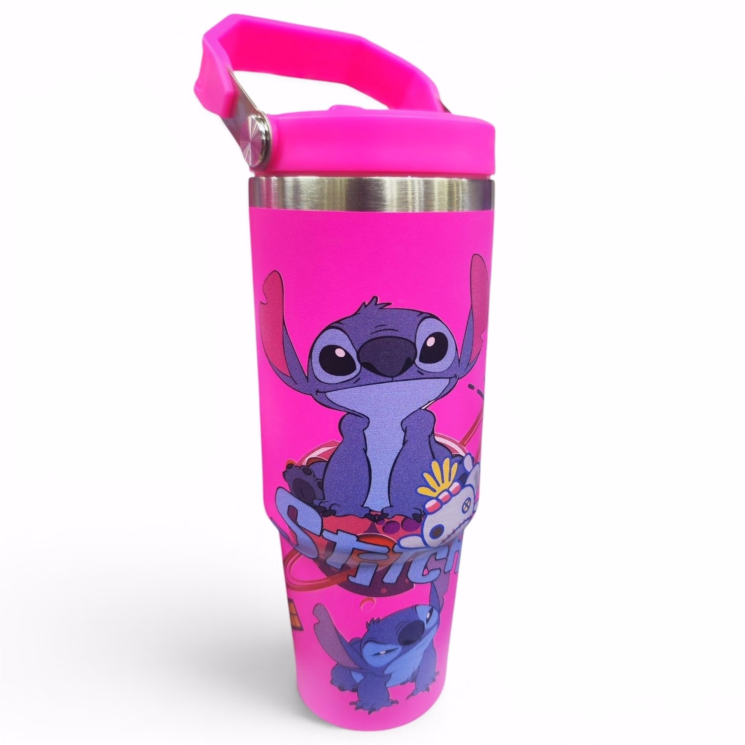 Toptan Stitch Tasarımlı Çelik Termos | Pembe Büyük Boy Mug