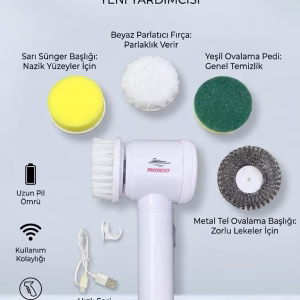 Magic Brush 5 in 1 Kablosuz Şarjlı Temizlik Fırçası | Çok Amaçlı Döner Başlıklı Elektrikli Banyo, Mutfak ve Fayans Temizleme Seti