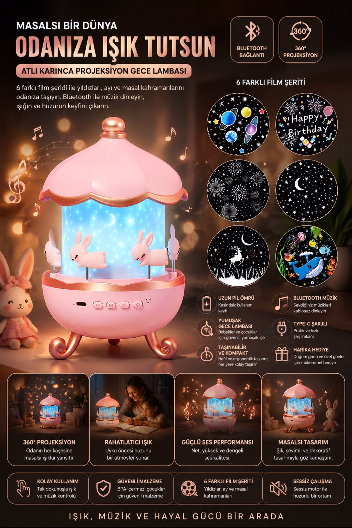 Toptan Atlıkarınca Projeksiyon Gece Lambası | Bluetooth Sesli