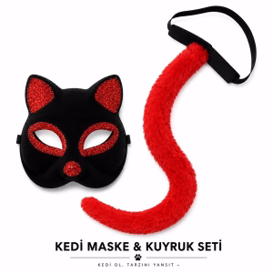 Kırmızı Kedi Maske ve Kuyruk Seti Parti Kostüm Aksesuarı