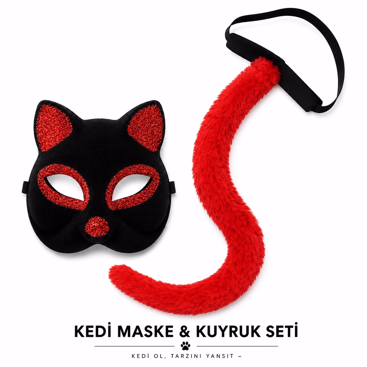 Kırmızı Kedi Maske ve Kuyruk Seti Parti Kostüm Aksesuarı
