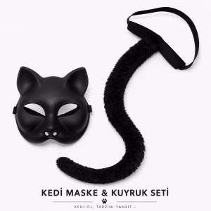 Siyah Kedi Maskesi ve Peluş Kuyruk Kostüm Seti 70 cm