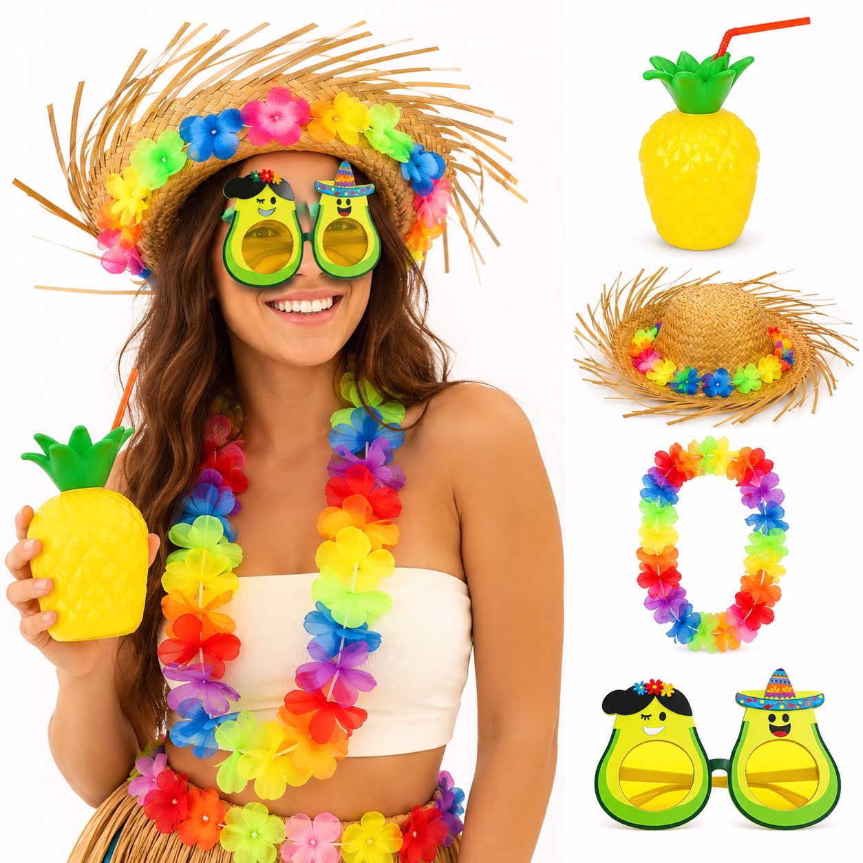 Toptan 4 Parça Hawaii Konsept Parti Seti: Hasır Şapka, Avokado Gözlük, Çiçek Kolye ve Ananas Bardak