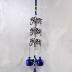 Toptan Metal Nazar Boncuklu ve Fil Figürlü Dekoratif Çan (41 cm)
