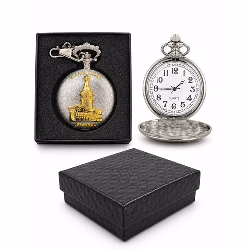 Toptan Gümüş Galata Kulesi Tasarımlı Özel Kutulu Köstekli Saat (4x5 cm)