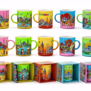 Toptan İstanbul Temalı Canlı Renkli Porselen Kupa Bardak (9,5 x 12 cm)