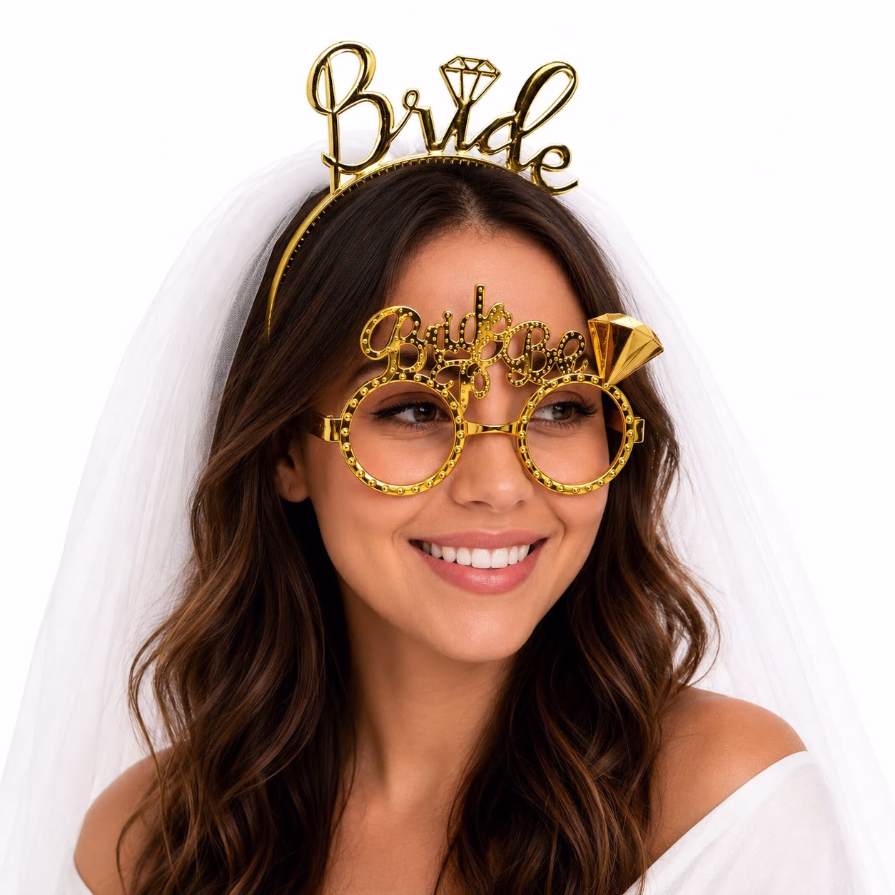Toptan Bride Gold Taç ve Gözlük Seti | Kına ve Bekarlığa Veda