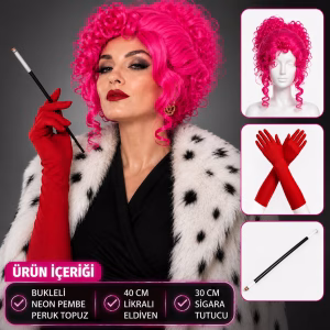 Toptan Neon Bukleli Pembe Peruk Topuz, Uzun Kırmızı Eldiven ve Sigara Tutucu Seti (3 Parça)