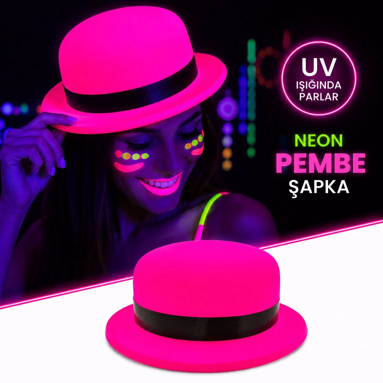 Toptan Neon Pembe UV Parti Şapkası Plastik