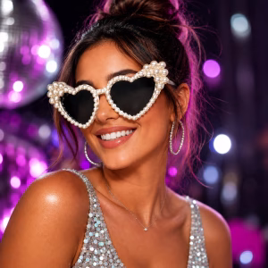 Toptan After Party İnci Taşlı Kalp Gözlüğü Parti Aksesuarı