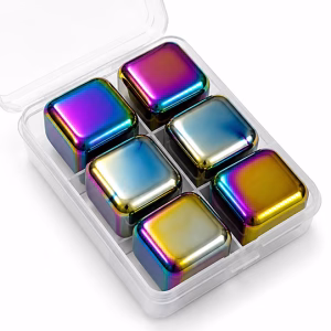 Toptan Gökkuşağı Renkli Paslanmaz Çelik Viski Taşı 6'lı Set (9,5*6,2 Cm)