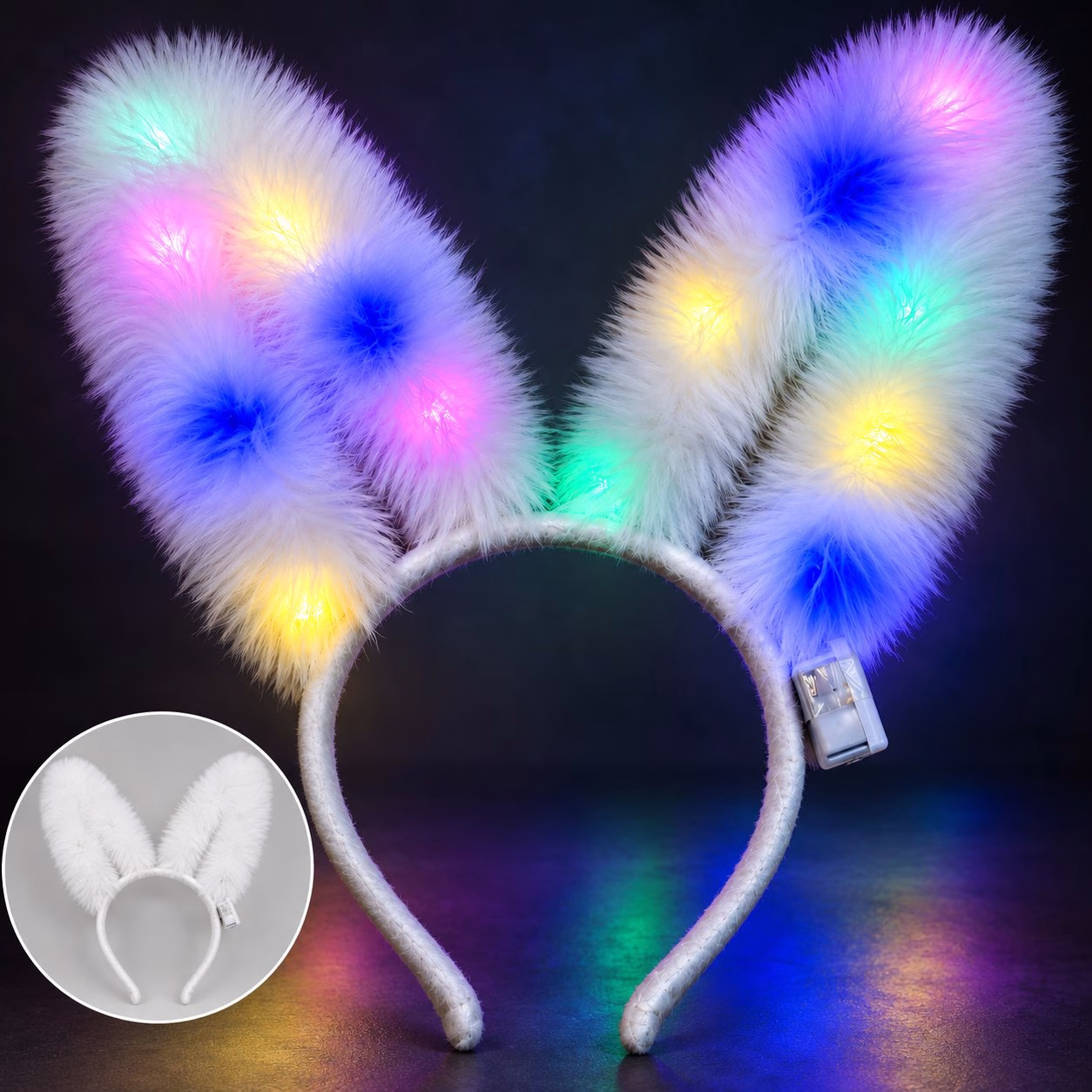 3 Modlu LED Işıklı Peluş Tavşan Kulağı – Beyaz Renk Parti Tacı