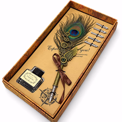 Toptan Tavus Kuşu Tüyü Steampunk Divit Kalem Hokka Seti 28x11 cm | VIP Hediyelik