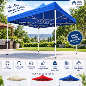 3x3 Metre Katlanır Çardak 420D Kumaş - 28 Kg Altıgen 30 mm Profil Gazebo Çadır