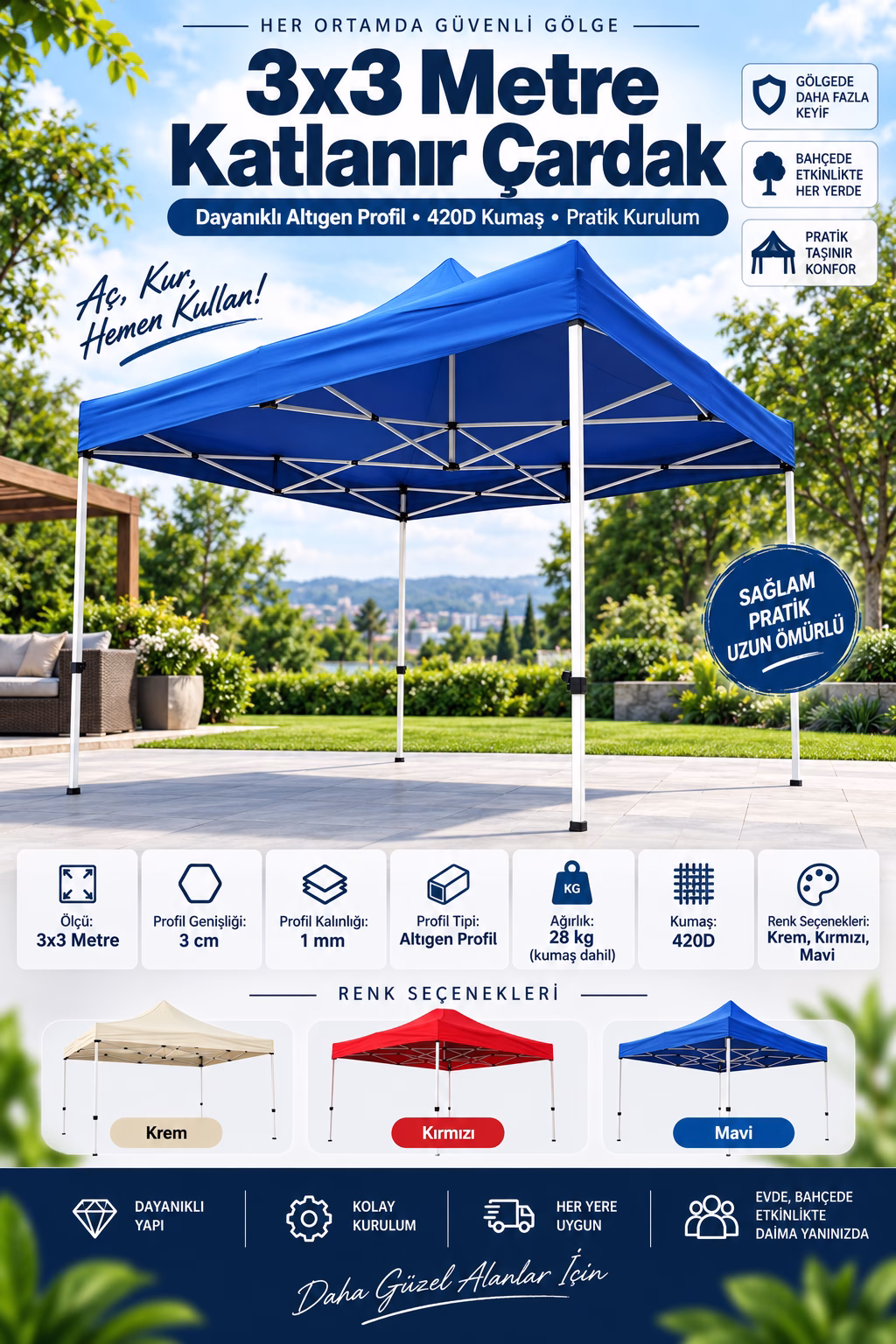 3x3 Metre Katlanır Bahçe Çadırı ve Gazebo Tente – Su Geçirmez 28 Kg