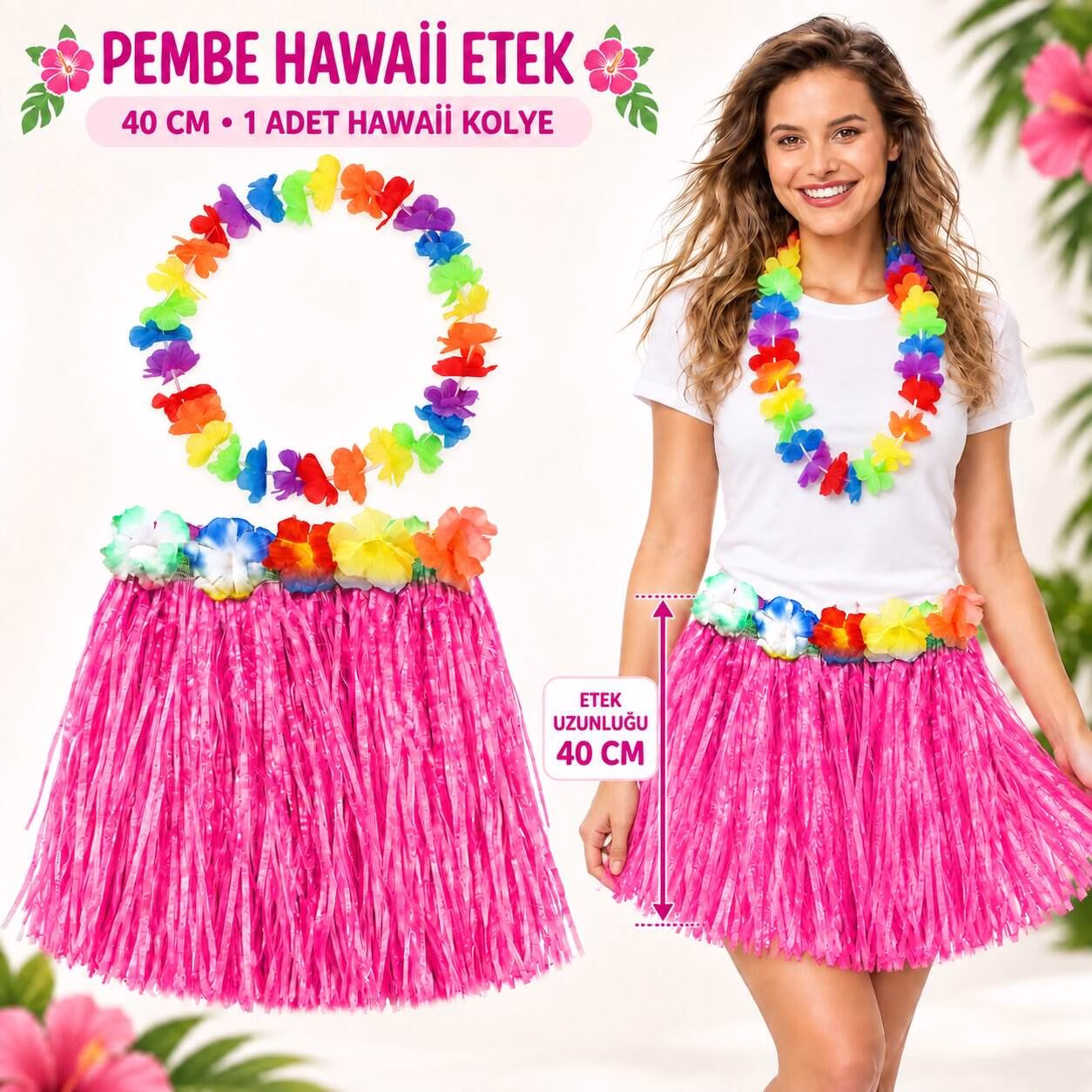 Hawaii Luau Aloha Pembe Püsküllü 40 cm Etek ve Hawaii Kolye Seti