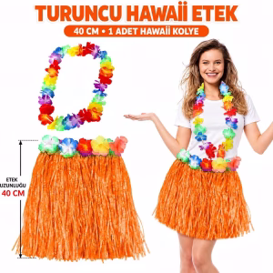 Hawaii Luau Aloha Turuncu Püsküllü 40 cm Etek ve Hawaii Kolye Seti