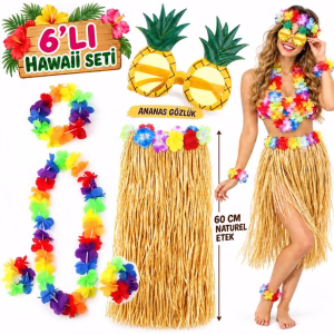 Hawaii Parti Kostüm Seti - 60 cm Hasır Etek, Çiçekli Aksesuarlar ve Ananas Gözlük