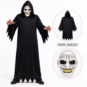 Kanlı Gülüş Maskeli ve Siyah Kapüşonlu Kostüm Seti 140 cm