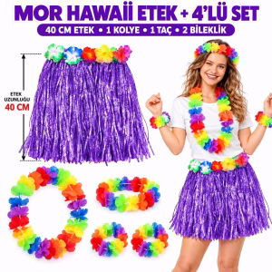 Luau Aloha Mor Hawaii Etek 40 cm ve 4’lü Hawaii Parti Seti