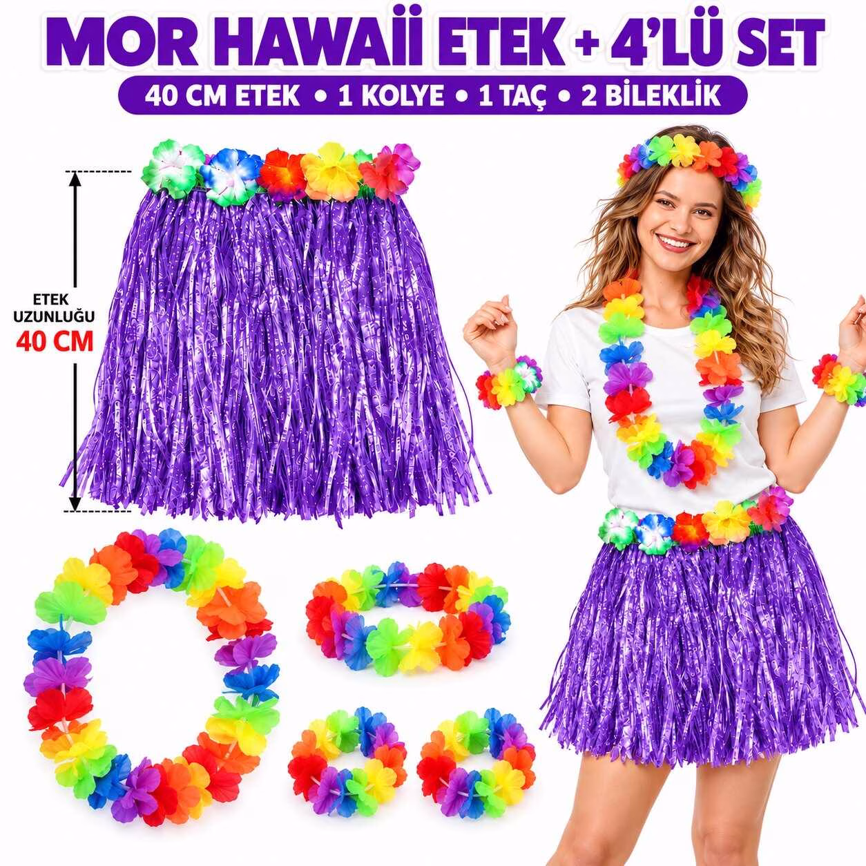 Luau Aloha Mor Hawaii Etek 40 cm ve 4’lü Hawaii Parti Seti