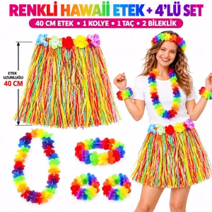 Renkli Hawaii Etek 40 cm ve 4’lü Hawaii Parti Seti