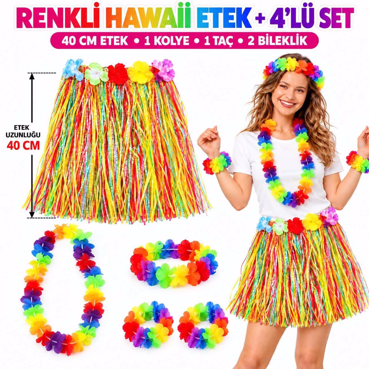 Renkli Hawaii Etek 40 cm ve 4’lü Hawaii Parti Seti
